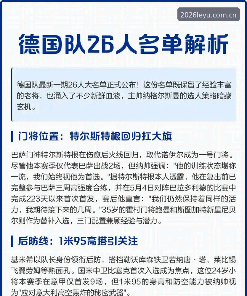 德国队26人大名单详解：诺伊尔回归创纪录，18岁新星入围引关注